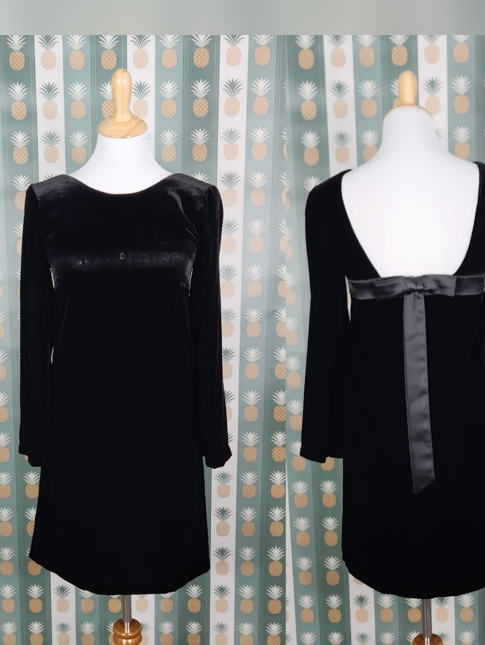 Emerson Fry Elegant Black Velvet Long-Sleeve Dress with Bow Back